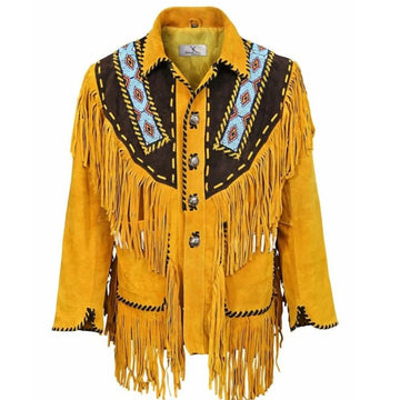Men’s Western American Suede Leather Jacket with Fringe & Beaded Bone Work
