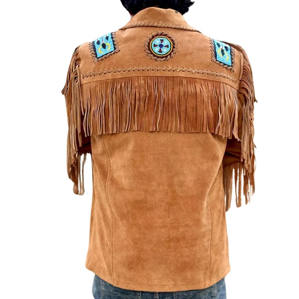 Men’s Western American Suede Leather Jacket with Fringes, Eagle Beaded Bone Design