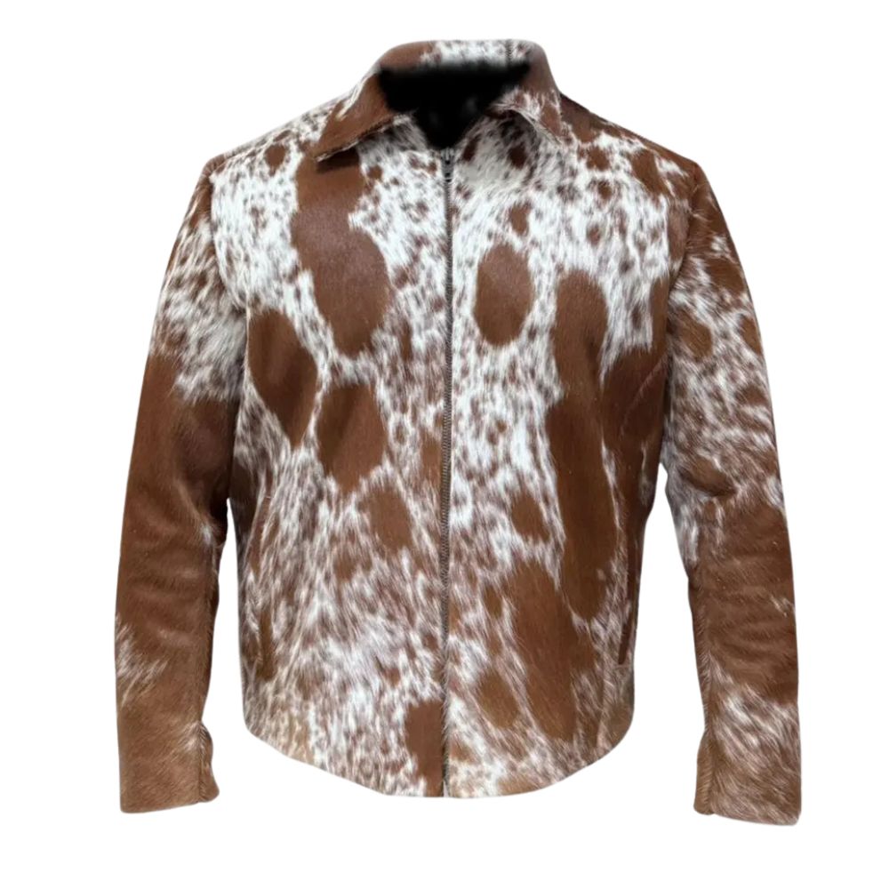 Men’s Western Brown & White Cowhide Hair Leather Biker Shirt Jacket
