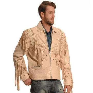 Men's Beige Western Cowhide Leather Jacket with Fringe, Studded & Bone