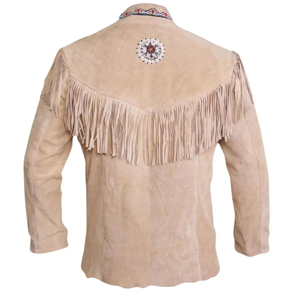 Men's Beige Western Suede Leather Cowboy Jacket with Fringe and Beadwork