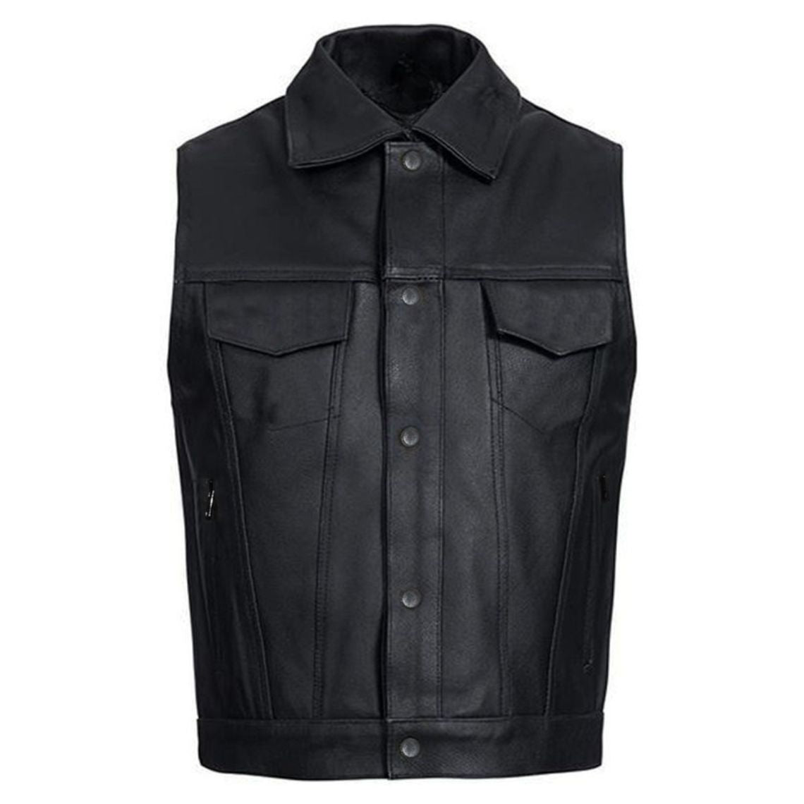 Men's Black Leather Western Vest – Cowboy Style with Snap Button Closure