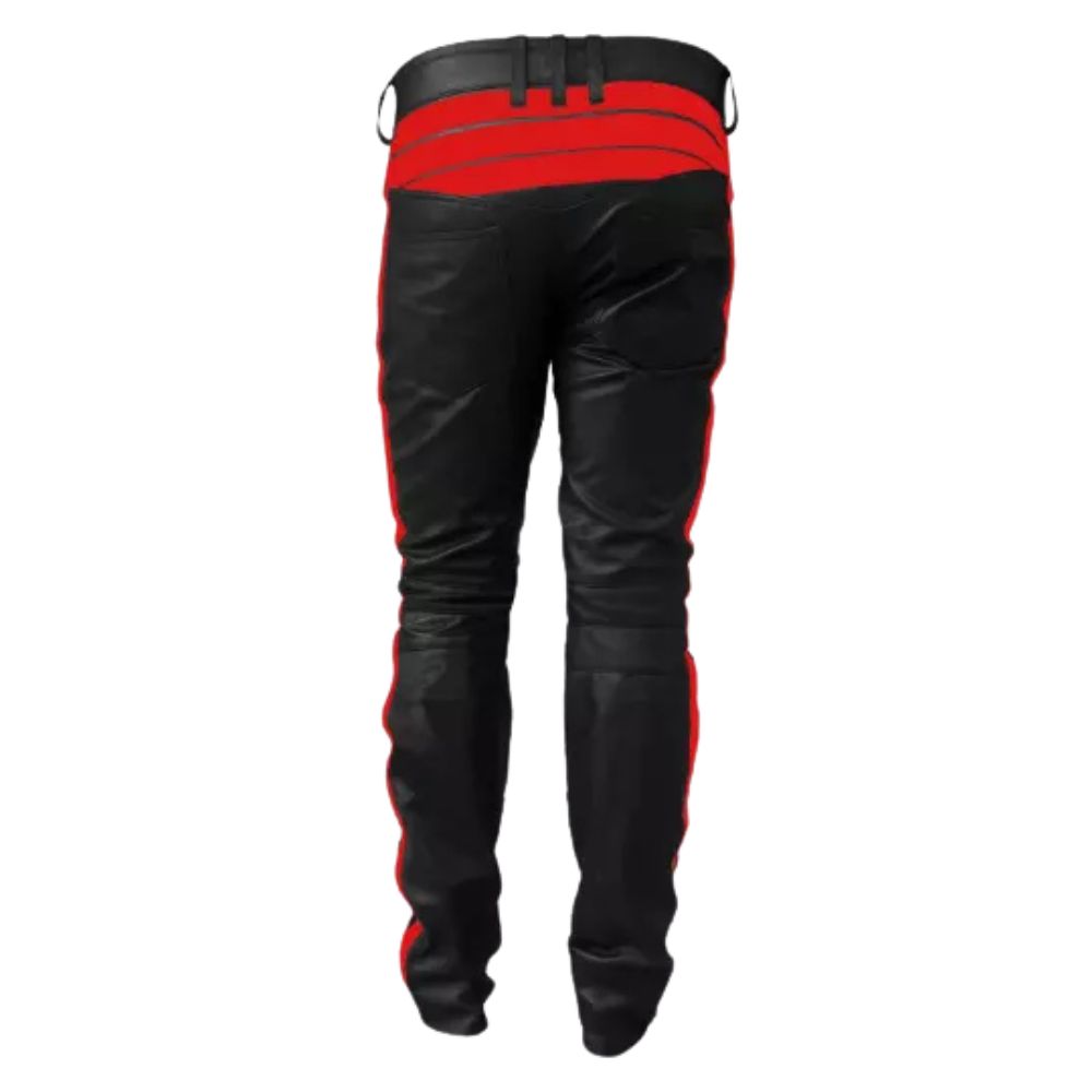 Men's Black-Red Western American Cowhide Leather Pants with Two-Tone Design