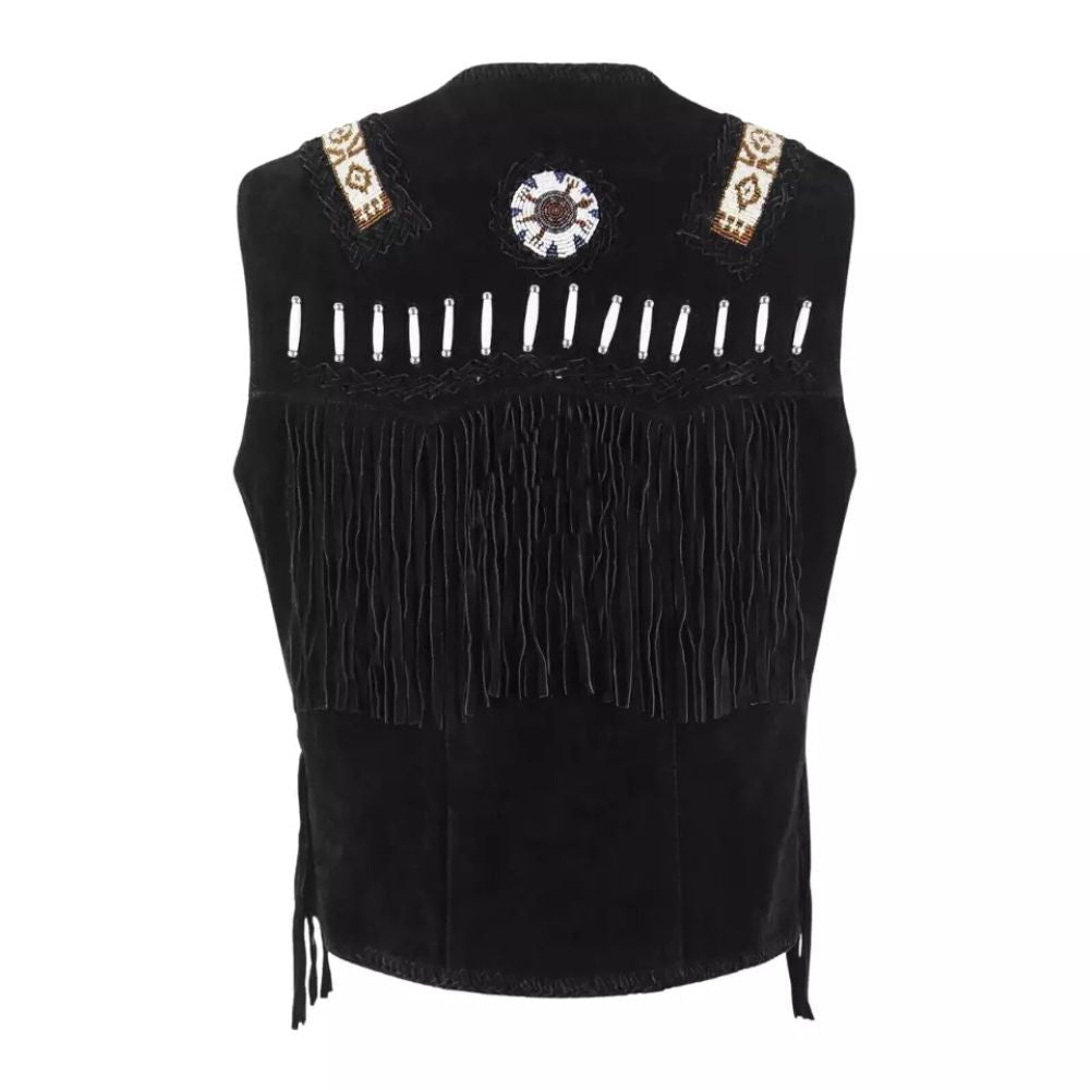 Men's Black Western Leather Vest Jacket with Fringe and Beaded Bone Work