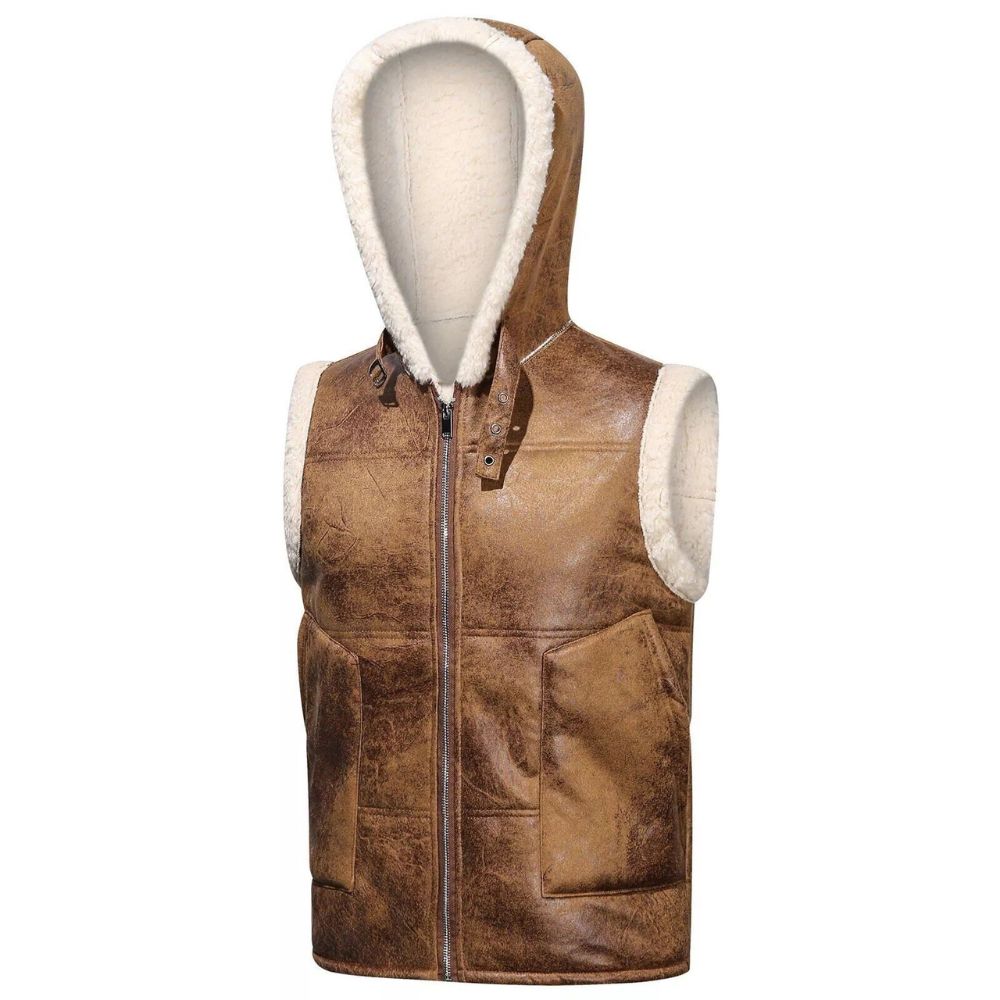 Men's Brown Bomber Cowhide Leather Vest Jacket & Hoodie - Two-Tone Colors