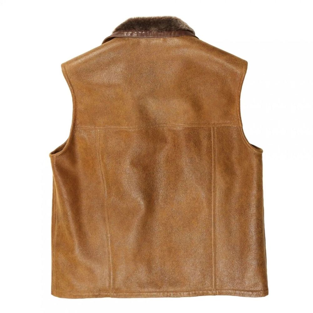 Men's Brown Bomber Cowhide Leather Vest Jacket with Two Pockets