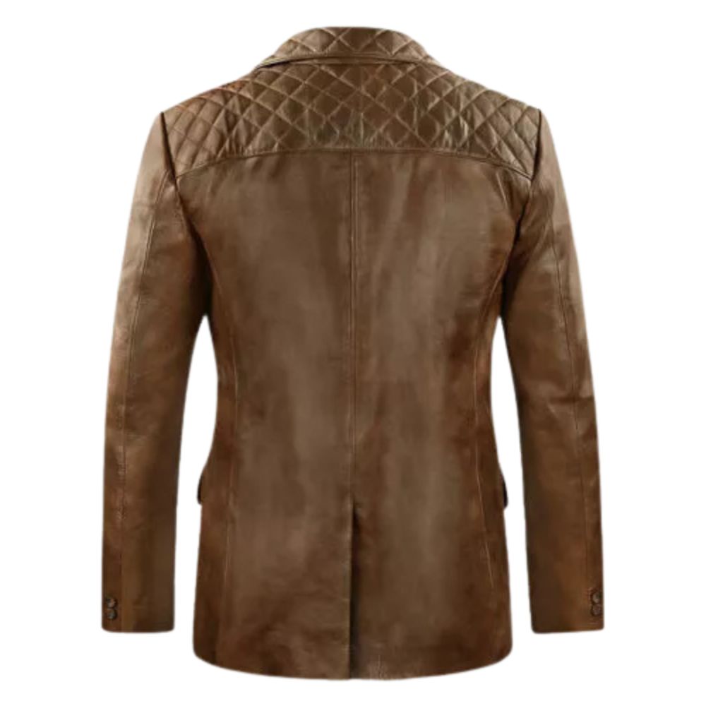 Men's Brown Cowhide Leather Blazer Jacket with Two Button Closure