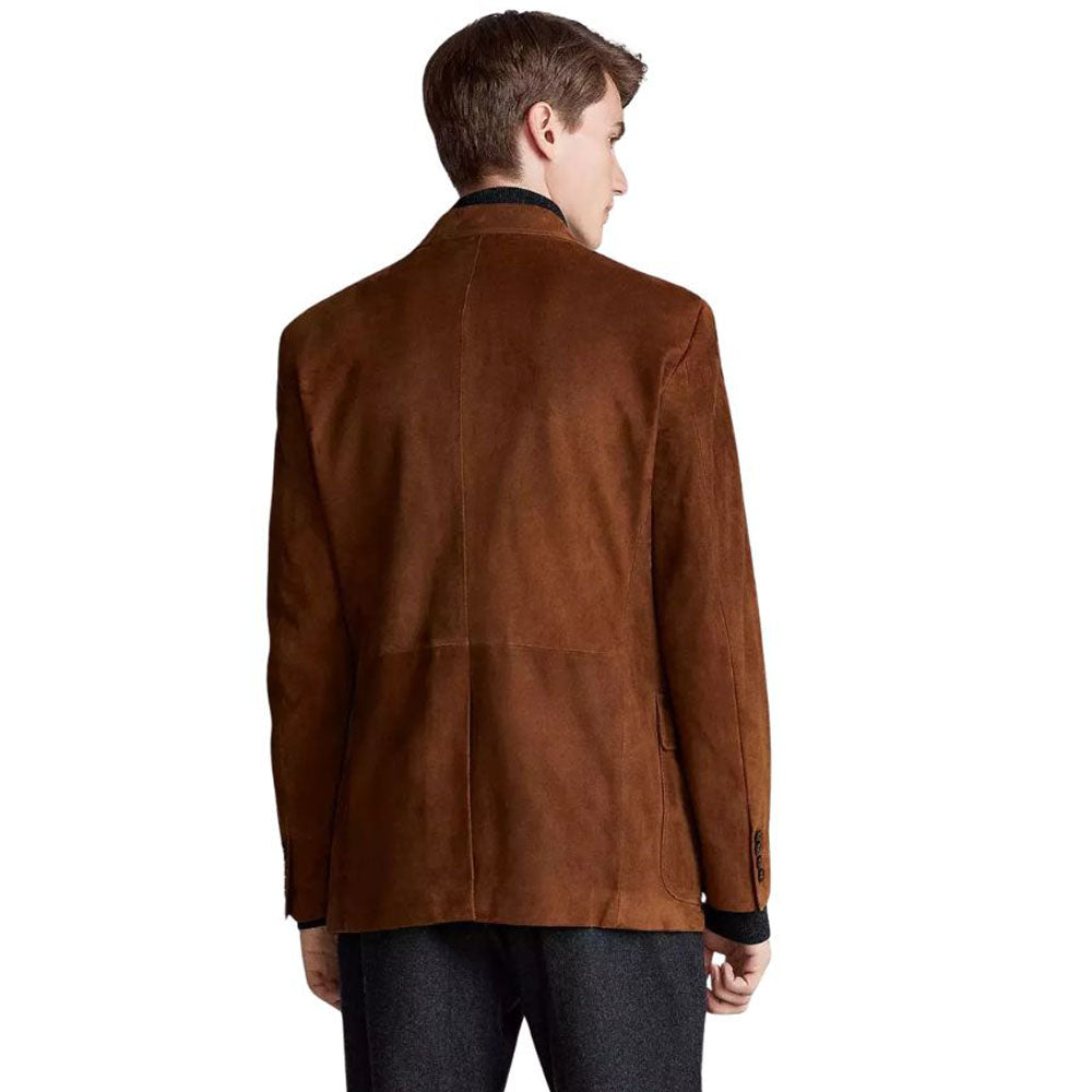 Men's Brown Suede Leather Blazer Jacket with Three Button Closure