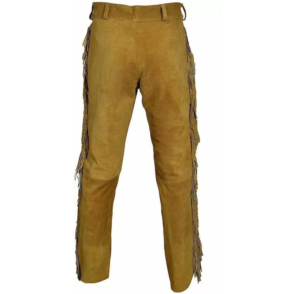 Men's Brown Western American Suede Leather Pant - Fringe & Beaded Detailing