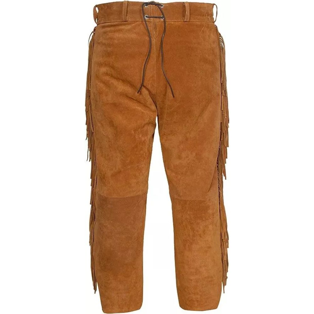 Men's Brown Western American Suede Leather Pant with Fringe Work