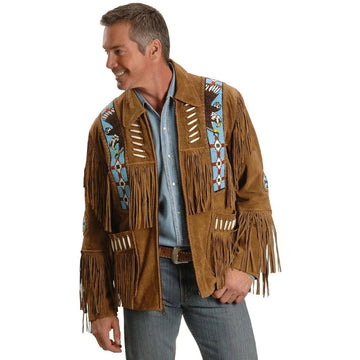 Men's Brown Western Leather Jacket with Fringe and Engle Beaded Bone Detailing