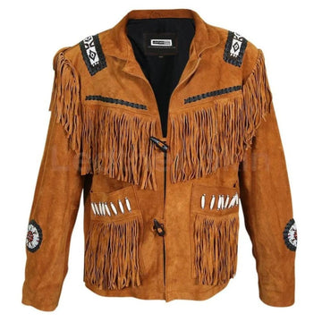 Men's Brown Western Leather Jacket with Fringe & Handmade Beading