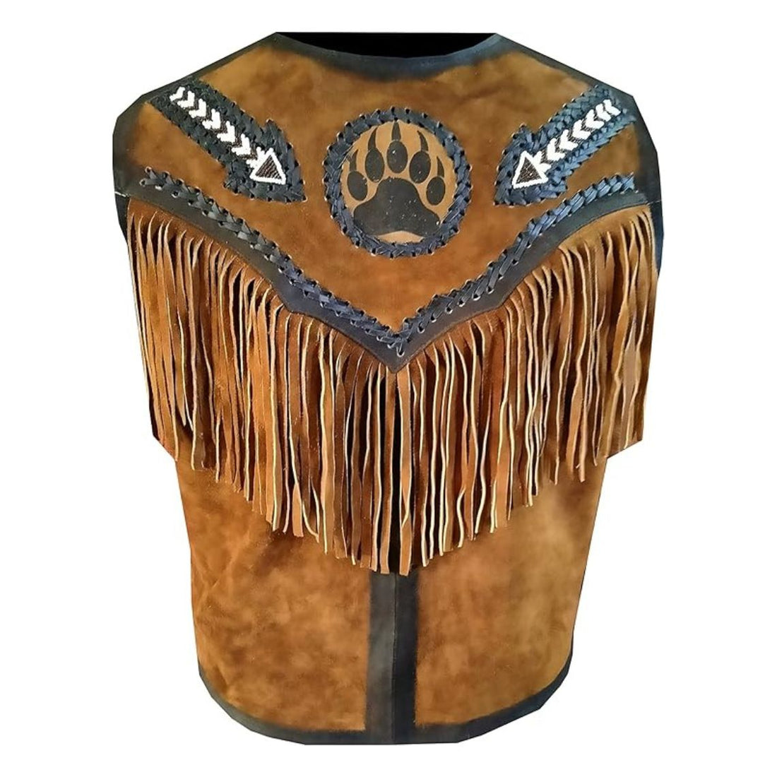 Men's Brown Western Suede Leather Fringe Vest Cowhide Patchwork Beaded Work