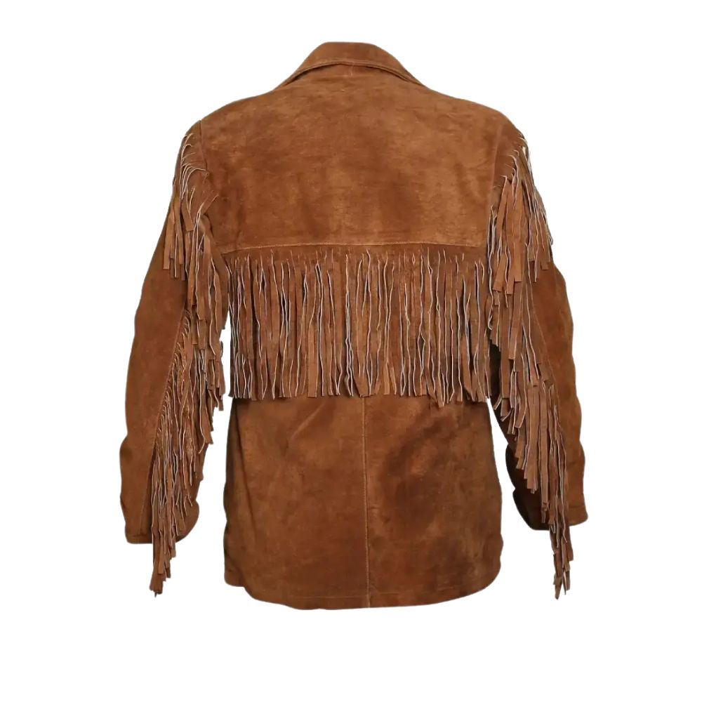 Men's Brown Western Suede Leather Jacket with Fringe Work