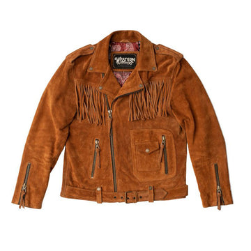 Men's Brown Western Suede Leather Jacket with Fringe Work