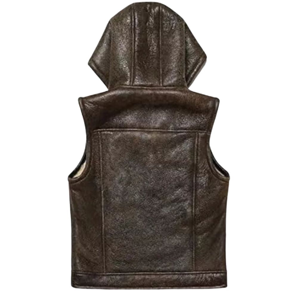 Men's Dark Brown Bomber Cowhide Leather Vest Jacket with 4 Pockets