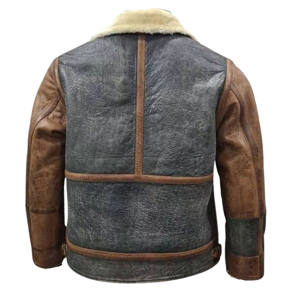 Men's Gray & Brown B3 RAF Aviator Fur Sheepskin Leather Bomber Jacket