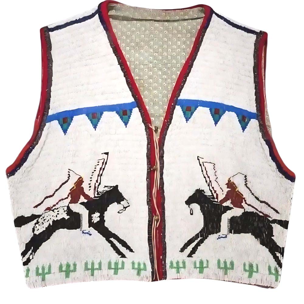 Men's Handmade Sioux Beaded Leather Vest – Western Cowboy Warrior & Horse Design