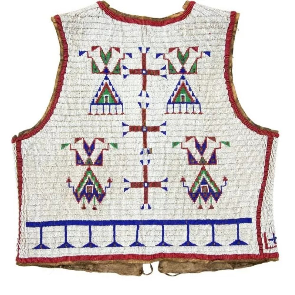 Men's Handmade Sioux Beaded Leather Vest Western Tribal Waistcoat & Geometric Patterns