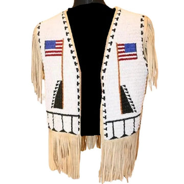 Men's Old American Flag Sioux Style Beaded Leather Vest – Handmade Regalia Western