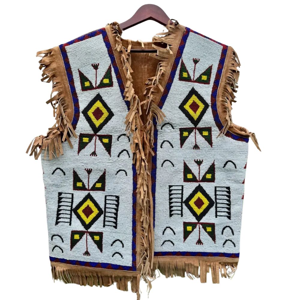 Men's Sioux Beaded Suede Leather Vest & Native American Style Fringe & Tribal Patterns