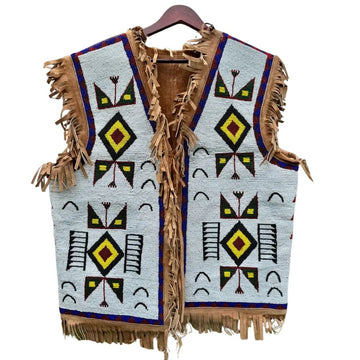 Men's Sioux Beaded Suede Leather Vest & Native American Style Fringe & Tribal Patterns
