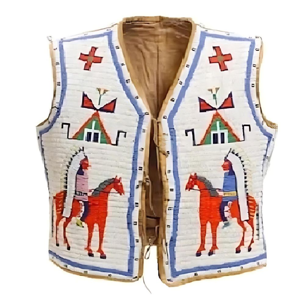 Men's Sioux Horse Beaded Leather Vest – American Western Cowboy Waistcoat
