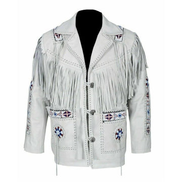 Men's White Western Suede Leather Jacket with Fringe and Beaded Detailing