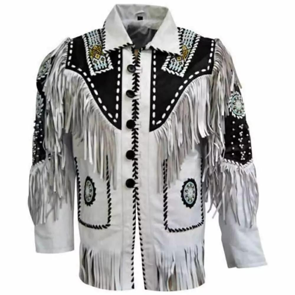 Men's White Western Suede Leather Jacket With Fringe and Beaded Work