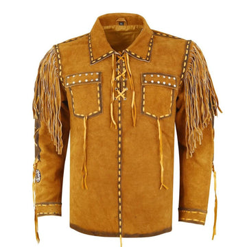 Men's Yellow Brown Western Leather Jacket with Fringe and Studs