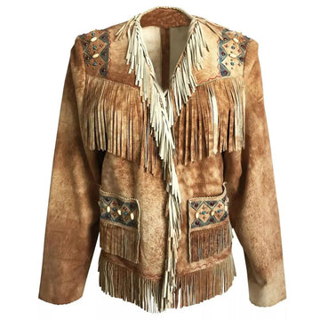 Women’s Light Brown Suede Western Jacket with Fringe & Small Beaded Work