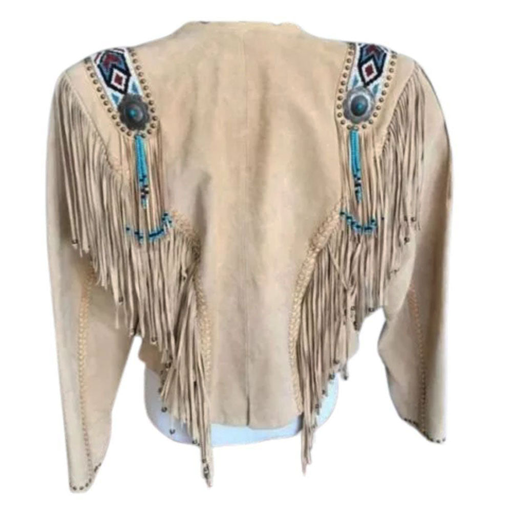 Women's Beige Western Leather Jacket with Fringe and Blue Beaded Work