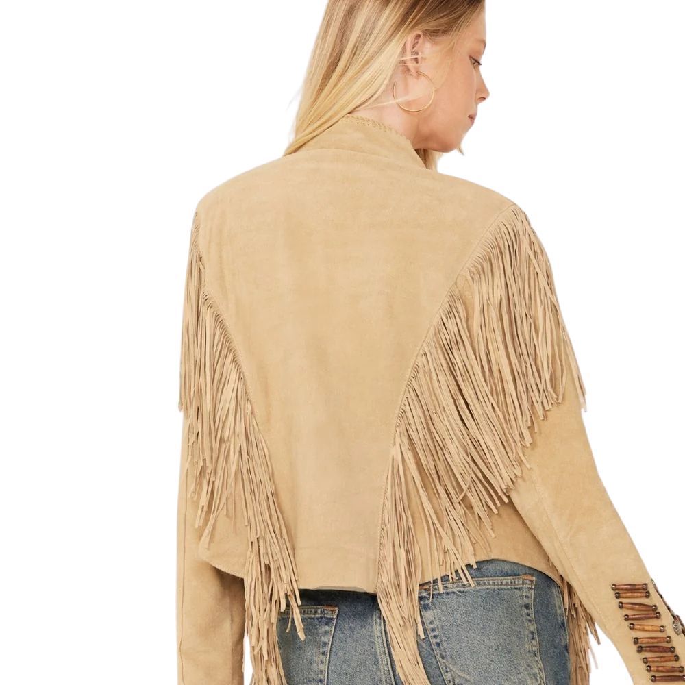 Women's Beige Western Suede Leather Fringe Jacket – Cowgirl Style Bone & Beaded Work