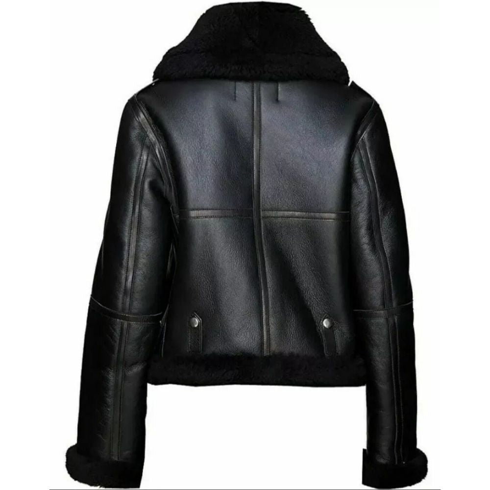 Women's Black Bomber Aviator Sheepskin Leather Jacket & Fur Overcoat