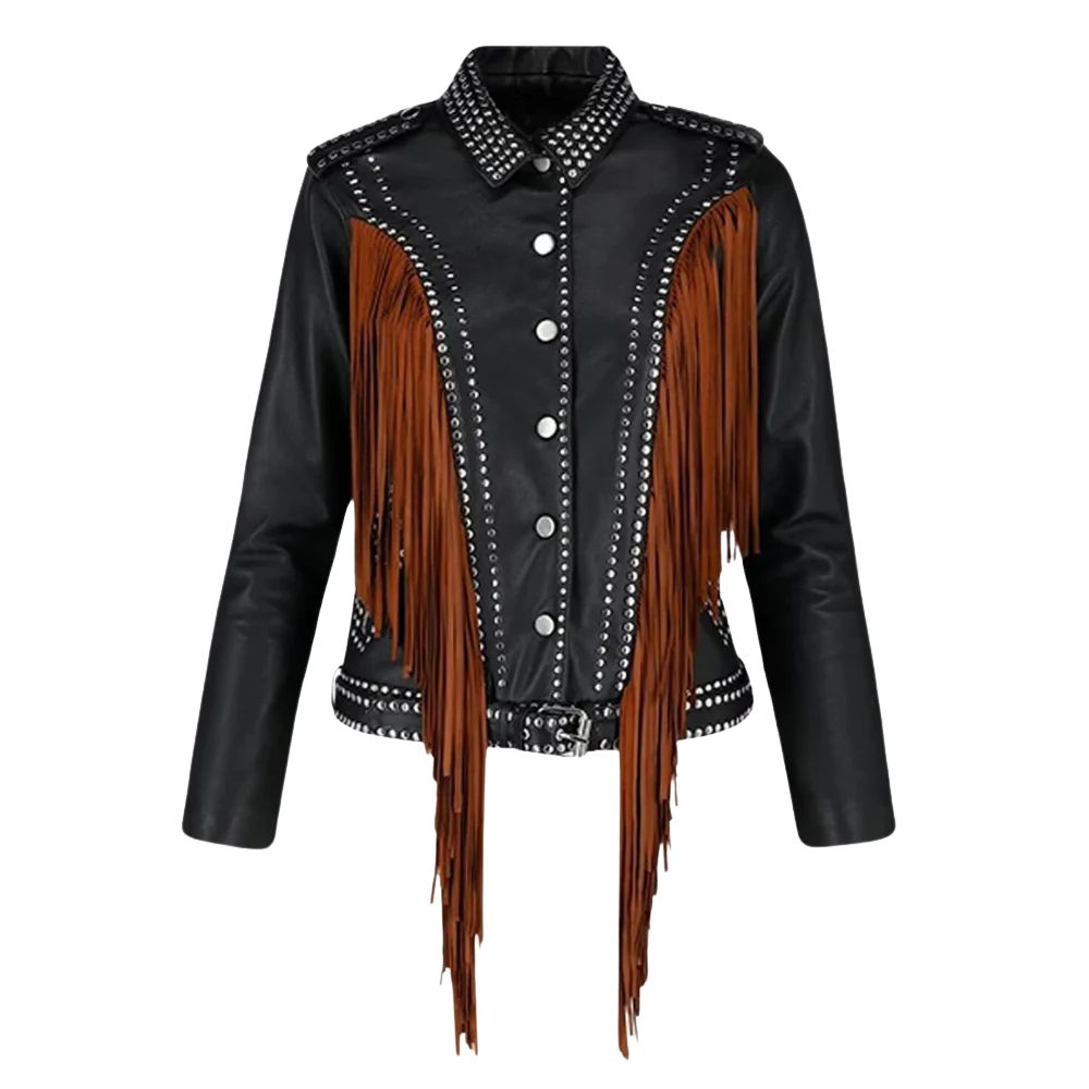 Women's Black Cowhide Leather Jacket & Fringe Detailing – Western Studded Style
