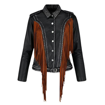 Women's Black Cowhide Leather Jacket & Fringe Detailing – Western Studded Style