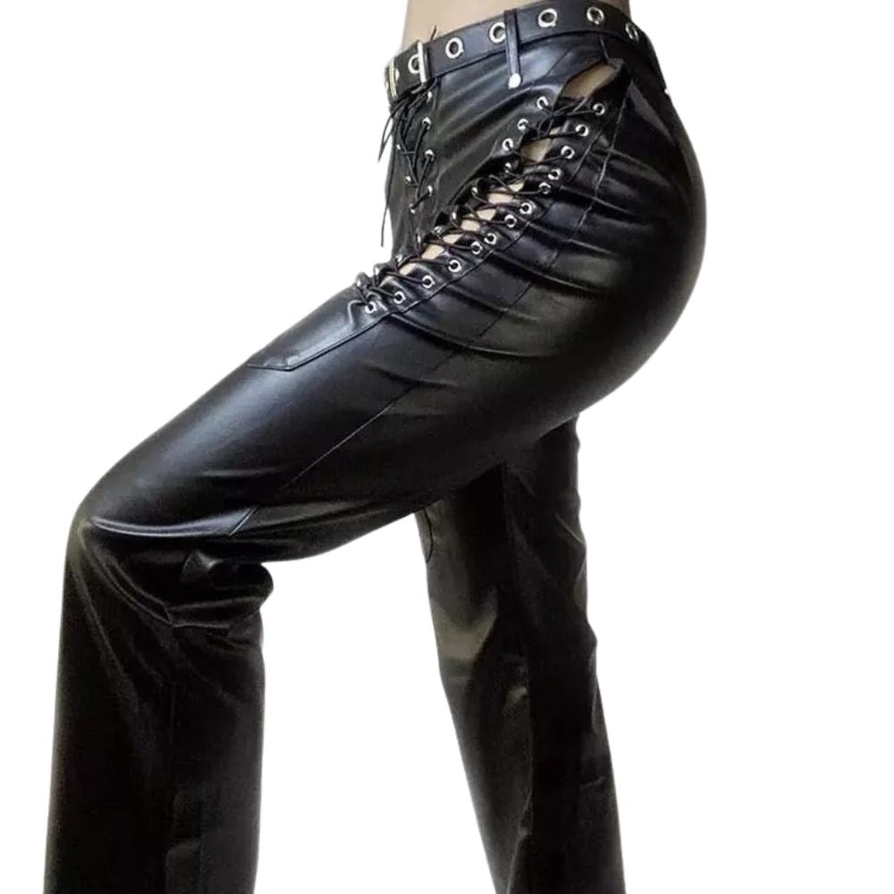 Women's Black Western American Style Cowhide Leather Pants with Tassel Detail