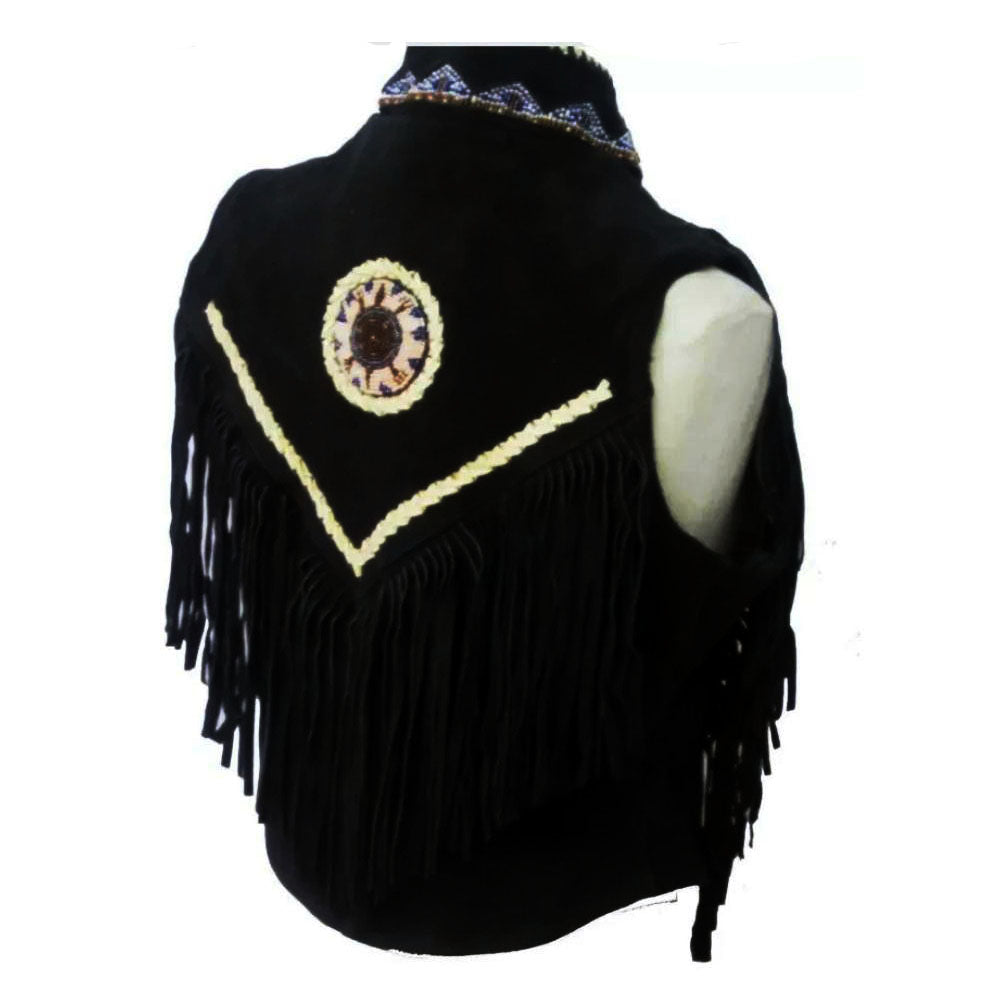 Women's Black Western Genuine Bone & Beaded Fringe Leather Vest Jacket