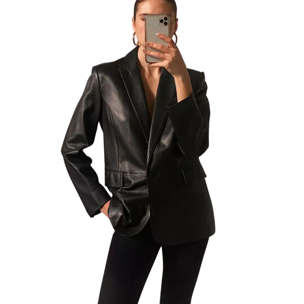 Women's Black Western Genuine Leather Blazer Jacket with Two Pockets