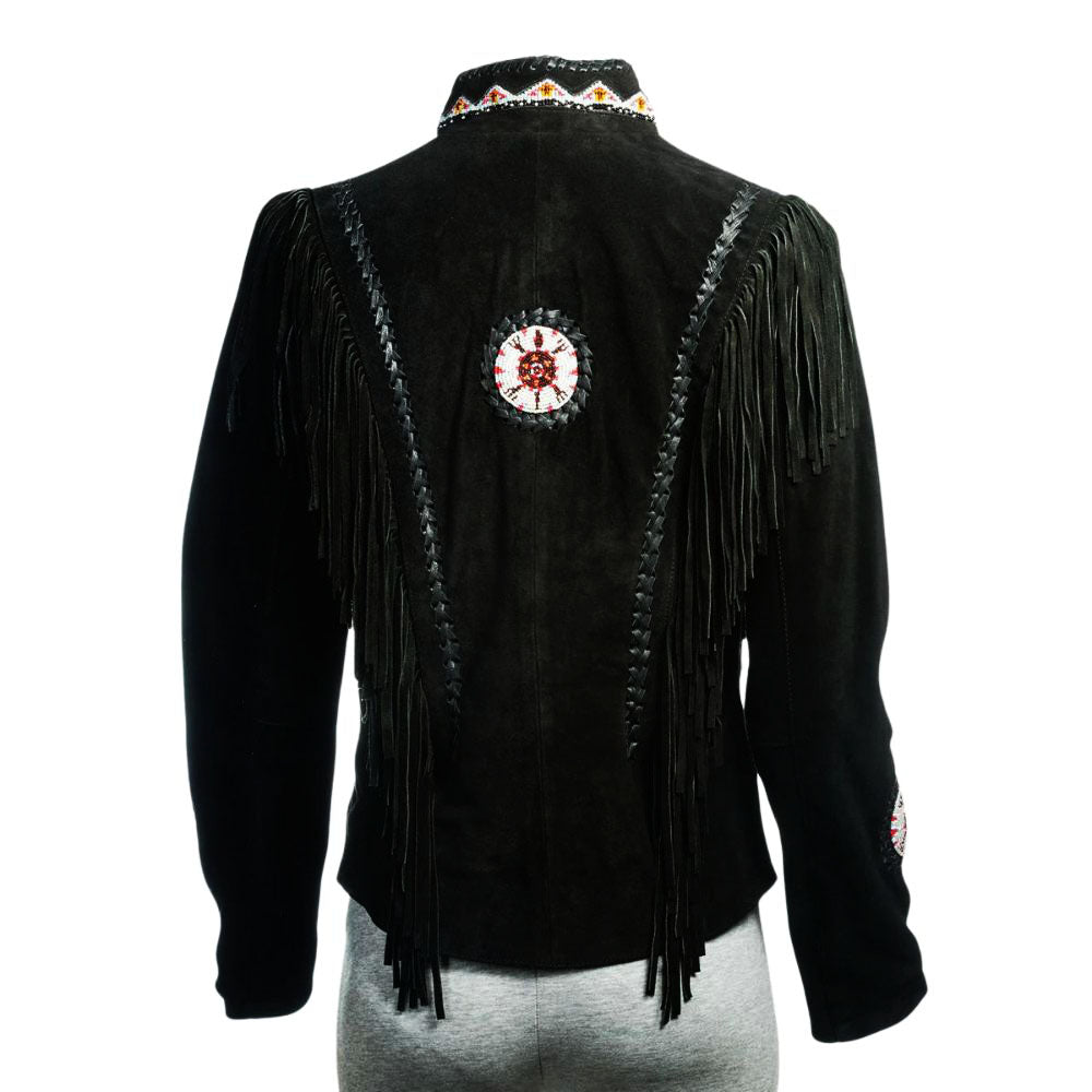 Women's Black Western Leather Jacket with Fringe, Beaded & Bone Details