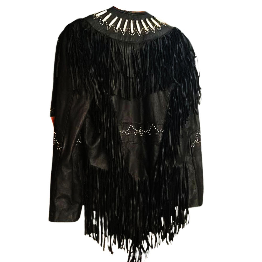 Women's Black Western Leather Jacket with Fringe, Bone & Trim Work