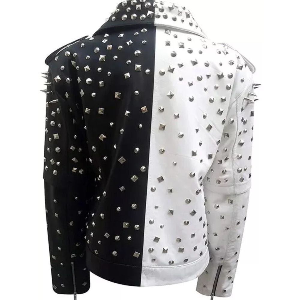 Women's Black & White Western Leather Jacket with Full Studded Work