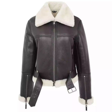 Women's Bomber Aviator Black Sheepskin Leather Jacket & Faux Fur Overcoat