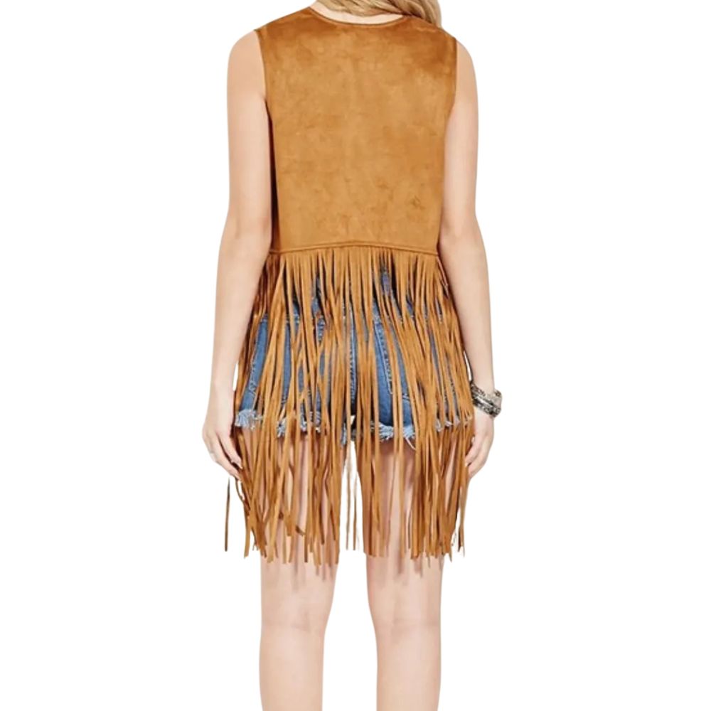 Women's Brown Suede Leather Fringe Vest – Western Cowgirl Sleeveless Jacket