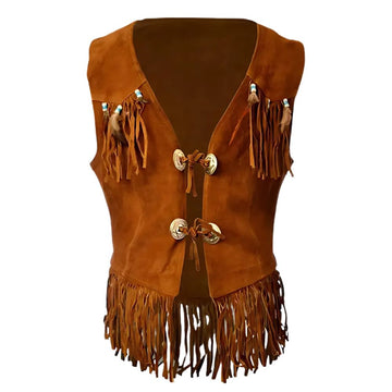 Women's Brown Suede Leather Fringe Vest – Western Style with Silver Studded Detailing