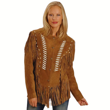 Women's Brown Western Suede Leather Jacket – Fringe, Bone & Beaded Cowgirl Style