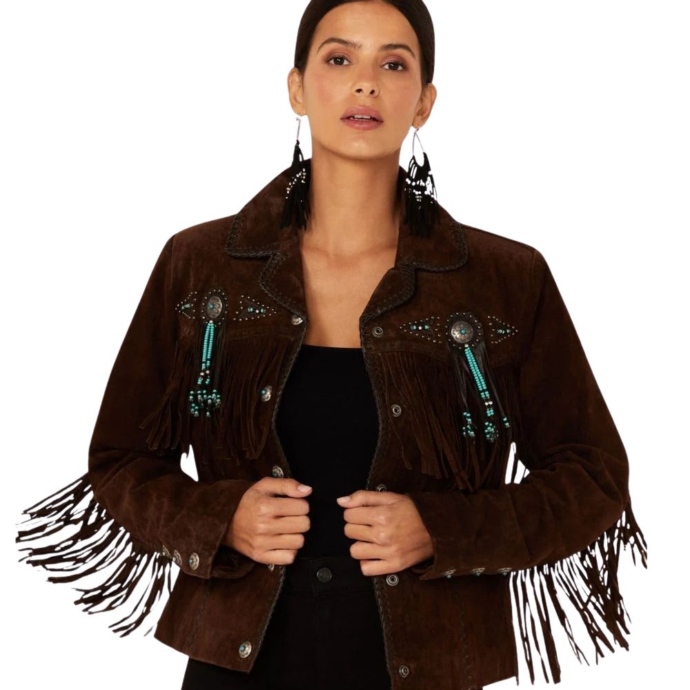 Women's  Brown Western Leather Jacket – Cowgirl Fringe Style & Handmade Beaded Work