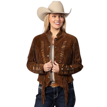 Women's Brown Western Suede Leather Fringe Jacket – Cowgirl Style & Bone Beaded Work