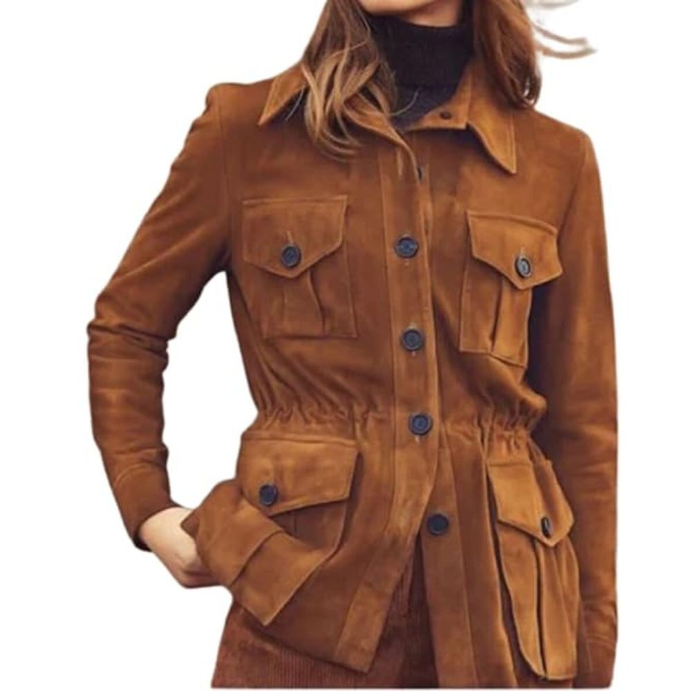 Women's Brown Western Suede Leather Jacket with Four Pockets