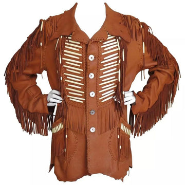 Women's Dark Brown Cowhide Leather Fringe Jacket with Bone Work